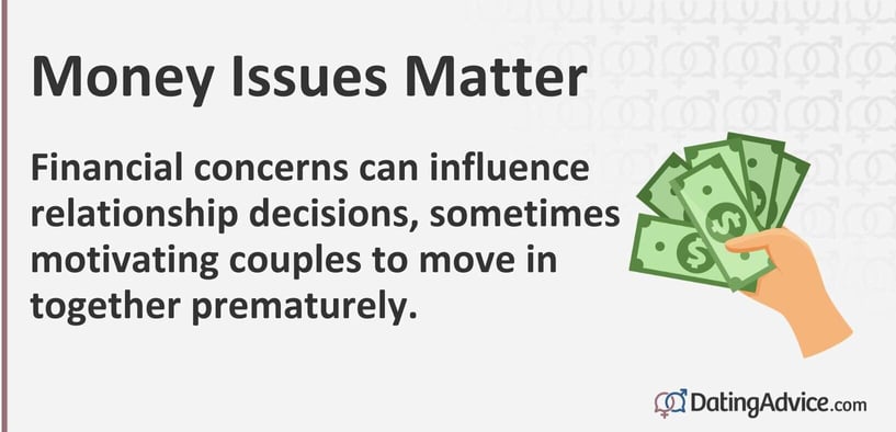 Graphic with text: Financial concerns can influence relationship decisions, sometimes motivating couples to move in together prematurely. Graphic with text: Financial concerns can influence relationship decisions, sometimes motivating couples to move in together prematurely.