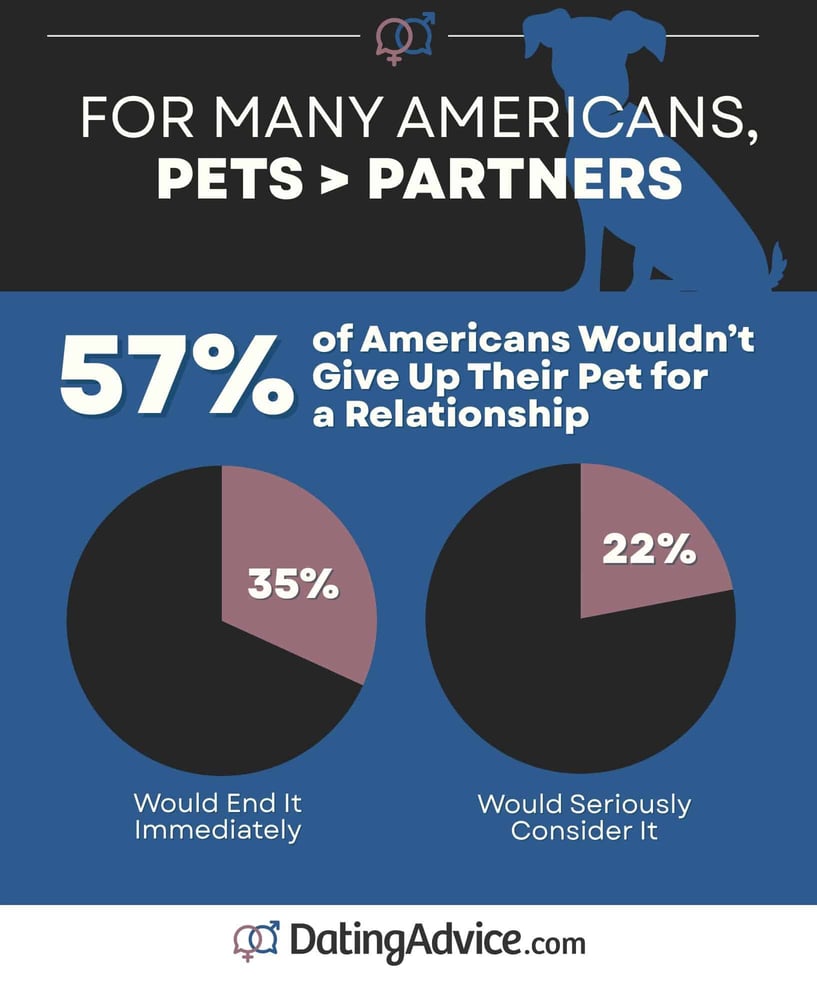 Two pie charts showing the percentage of Americans who would or wouldn't give up their pet for a relationship on a blue blackground, white text Two pie charts showing the percentage of Americans who would or wouldn't give up their pet for a relationship on a blue blackground, white text