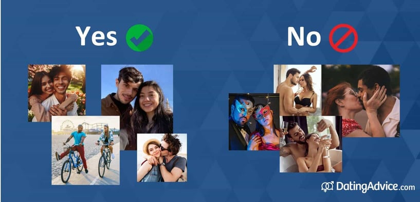 Good profile photos show couples smiling and doing platonic activities. Bad couple photos show them kissing and being kinky. Good profile photos show couples smiling and doing platonic activities. Bad couple photos show them kissing and being kinky.