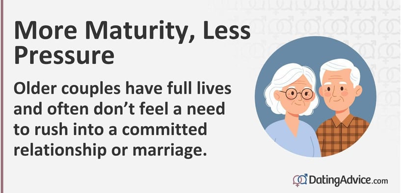 Older couples have full lives and often donât feel a need to rush into a committed relationship or marriage.