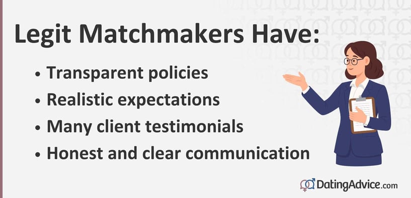 Legit matchmakers have transparent policies, realistic expectations, many client testimonials, and honest communication Legit matchmakers have transparent policies, realistic expectations, many client testimonials, and honest communication