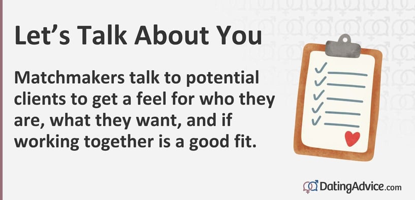 Matchmakers talk to potential clients to get a feel for who they are, what they want, and if working together is a good fit. Matchmakers talk to potential clients to get a feel for who they are, what they want, and if working together is a good fit.