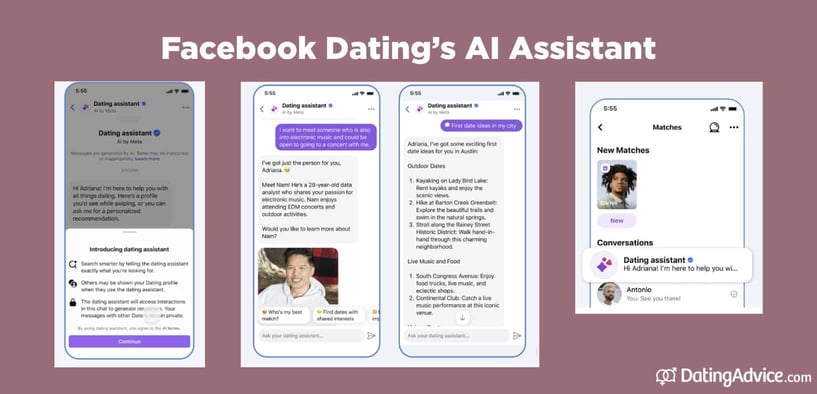 Screenshots of Facebook Dating's AI assistant