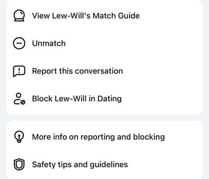 Facebook Dating's unmatch and reporting buttons