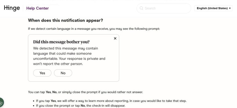 Screenshot of Hinge help center