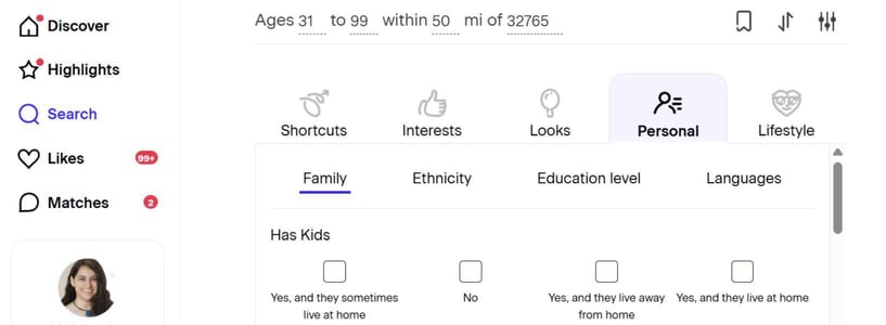 Match search options