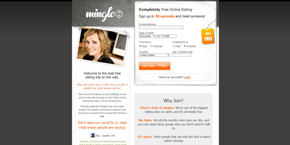 Screenshot of Mingle2.com homepage