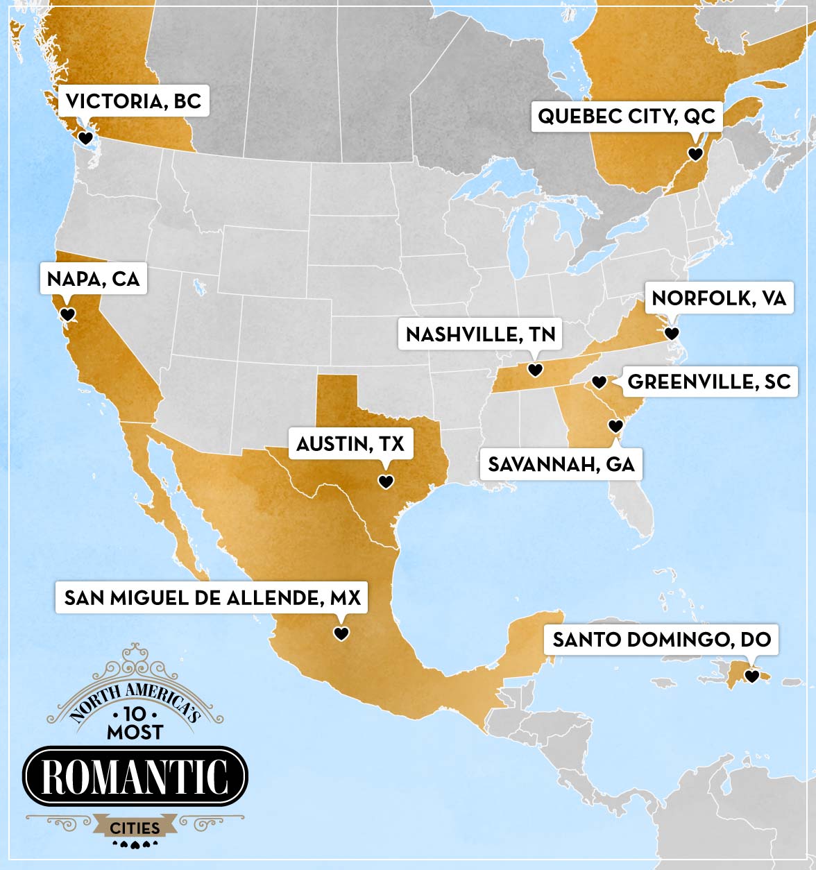 Map of North America's 10 Most Romantic Cities